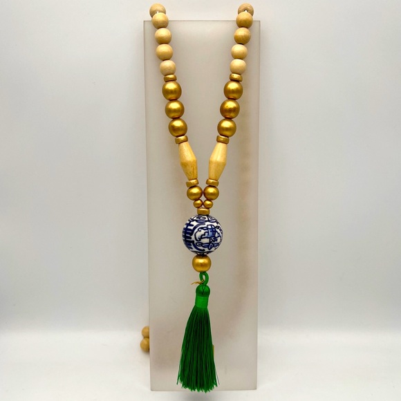 Jewelry - Oriental Porcelain Bead & Emerald Green Tassel Wood Bead Necklace